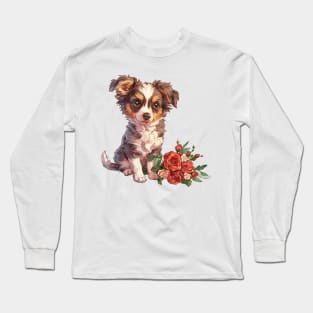 Valentine Australian Shepherd Dog Giving Flowers Long Sleeve T-Shirt